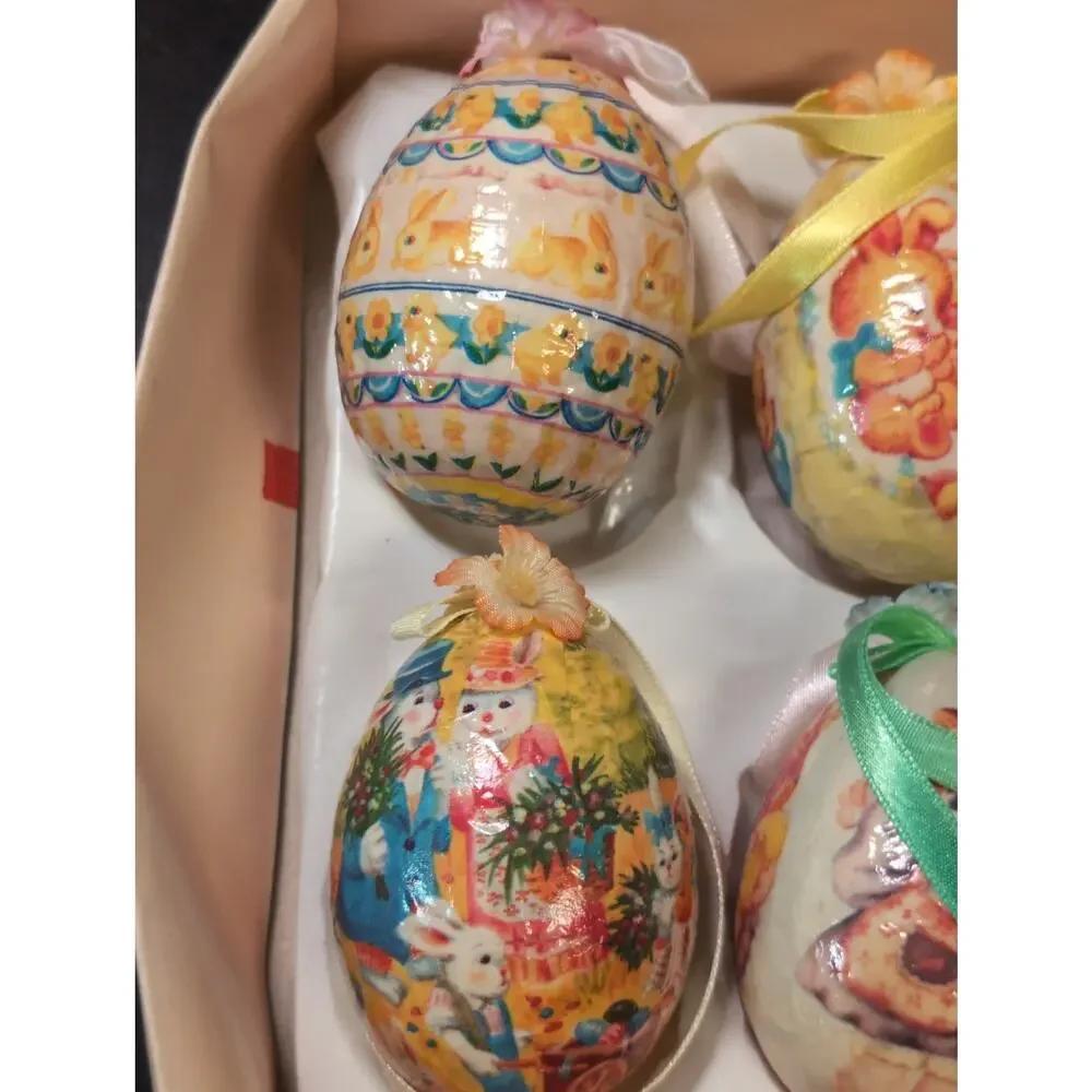 6 Vintage Easter Egg Paper Mache Decoupage Ornaments Bunny Chick Kitschy 3”